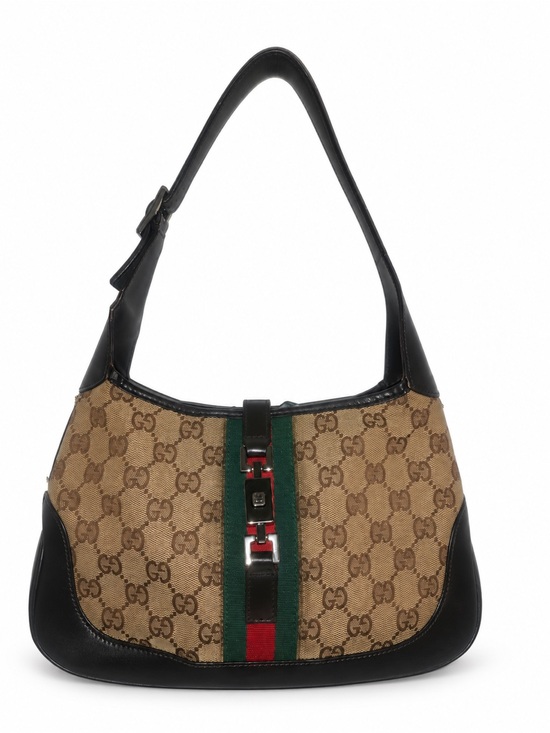 Gucci Handbags - Gucci Brown GG Canvas Shoulder Bag with Black Trim and Green-Red Stripe